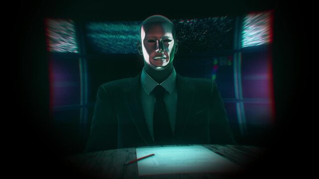A sinister man in a suit with his face hidden by a mask sits behind a desk  with a written contract ready to be signed.
