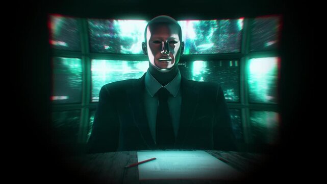 A sinister man in a suit with his face hidden by a mask sits behind a desk  with a written contract ready to be signed.