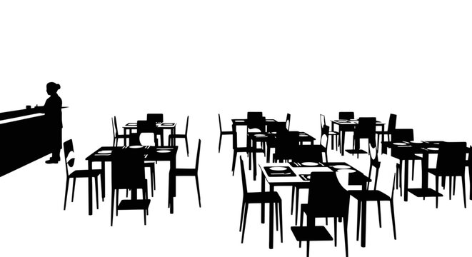 silhouette of a cafe interior tables, chairs, and a person at the counter