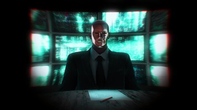 A sinister man in a suit with his face hidden by a mask sits behind a desk  with a written contract ready to be signed. - Powered by Adobe