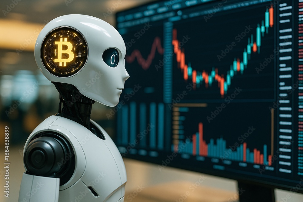 Poster ai trading bot concept. a futuristic robot with a glowing bitcoin symbol analyzing a cryptocurrency 