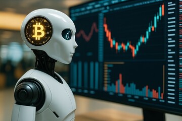 AI trading bot concept. A futuristic robot with a glowing Bitcoin symbol analyzing a cryptocurrency financial chart for an automated investment strategy.