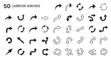 Naklejka premium Collection of 50 different arrow designs in black and white.