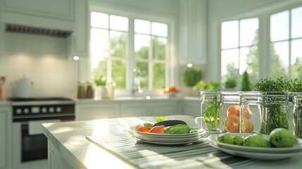 Sunny kitchen interior with fresh vegetables and herbs on countertop.