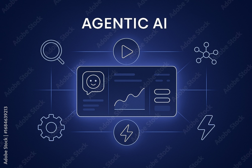 Poster agentic ai concept illustration. a central glowing interface representing an intelligent agent, surr