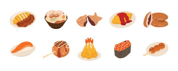 Various Traditional Japanese Dishes and Snacks in Cartoon Style. Japanese Food Vector Set, Japanese Dishes Illustration Collection