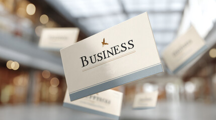 Business cards floating in a cozy office setting.