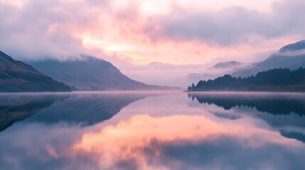 Obraz premium 51.A breathtaking morning sunrise casting golden hues over a calm lake, where soft pink clouds drift across the sky. The water reflects the pastel colors, creating a perfectly symmetrical mirror