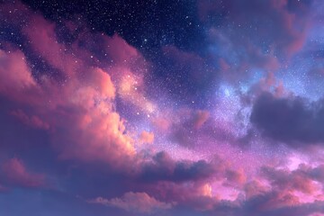 Stunning fantasy sky view filled with vibrant clouds and a rich tapestry of stars above a tranquil landscape at dusk