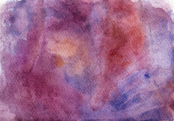 Watercolor background. Of different colors, shades of purple, red, blue, ocher. Spots are chaotically placed on background. Mix with each other, forming new colors, shades. Texture of watercolor paper