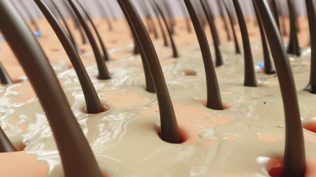 3D animation of scalp cleansing. Shampoo and water wash away dandruff, oil and sebum around hair follicles, leaving scalp clean, fresh and healthy. Ideal for shampoo, hair care and beauty ads.