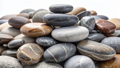 A close-up view of a large pile of smooth, polished river stones and pebbles in various natural colors, stacked against a white background.