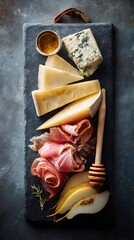 Culinary delight rustic gourmet cheese and charcuterie board in artistic food photography