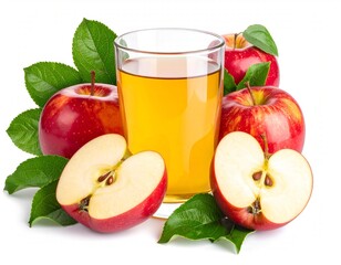 Apple juice in a glass surrounded by red apples and green leaves. Isolate on a white background.
