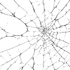 Detailed black and white image of a shattered glass pattern with a central point of impact and radial cracks