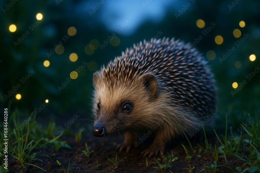 Poster close-up of a hedgehog on forest ground at night with glowing lights in background creating magical 