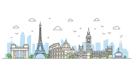 Iconic European landmarks create a vibrant, modern cityscape for travel inspiration and global connection.