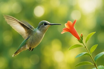 Fototapeta premium Hummingbird hovering mid-air and feeding from a vibrant orange flower with wings spread wide against a lush green blurred background in daylight. Ai generative