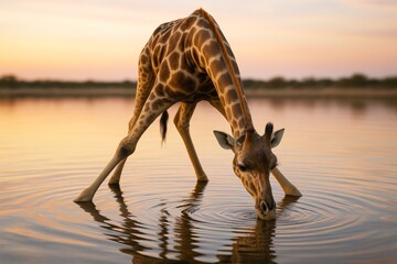 Giraffe drinking water at sunset in tranquil lake with warm light and soft background, showcasing animal behavior and peaceful natural scenery. Ai generative