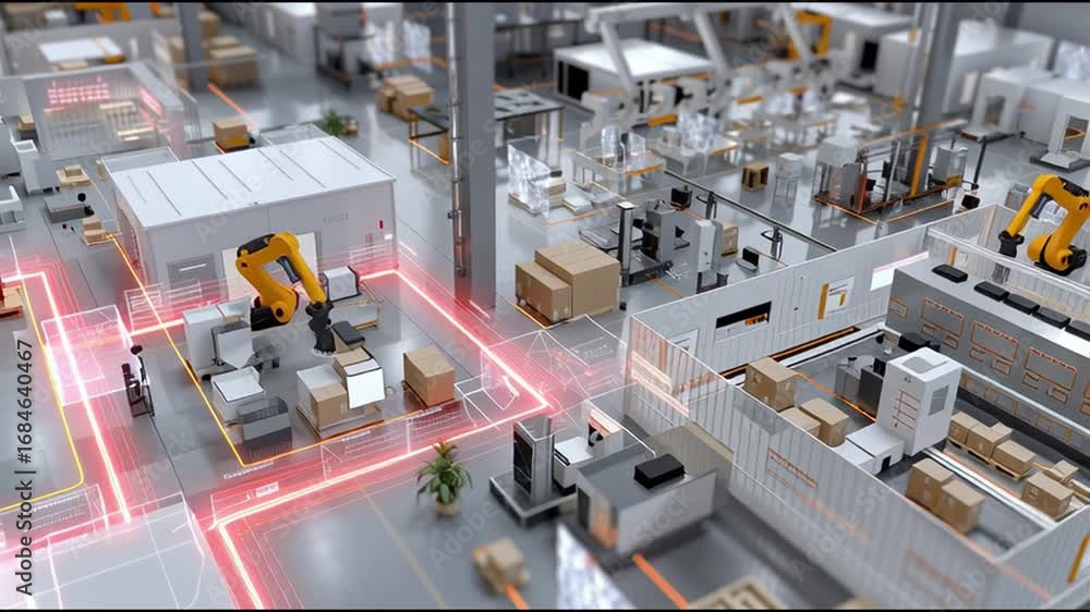Poster innovative warehouse design showcases efficient layout with automated systems and smart technology
