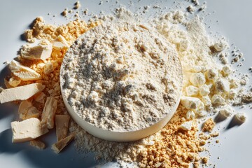 White bowl of flour surrounded by various ingredients