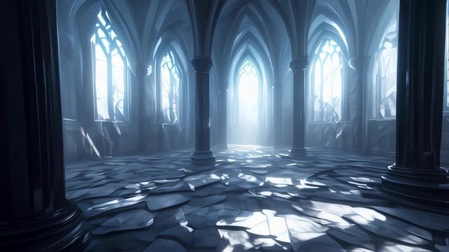 Mysterious gothic hall with columns and bright window light, creating a cinematic atmosphere