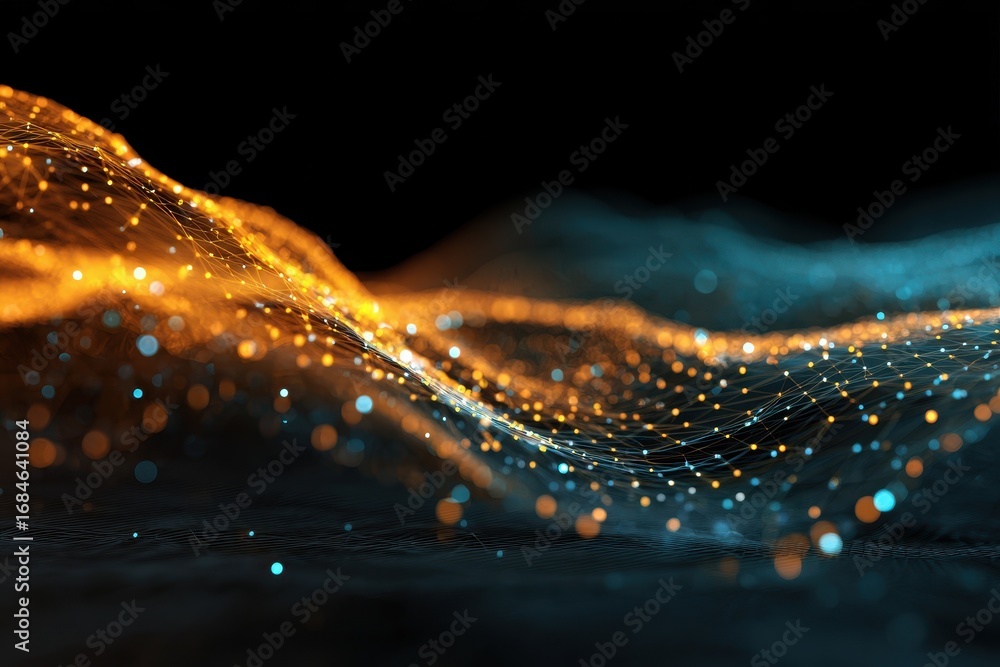 Poster colorful gradient particle waves create a mesmerizing visual effect with dynamic flowing patterns th