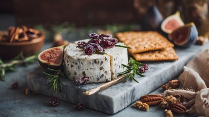Delicious overhead cheese platter with figs and nuts in a cozy rustic kitchen atmosphere