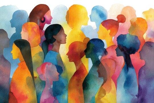 Colorful abstract watercolor painting of diverse silhouettes showcasing unity and diversity in a vibrant artistic expression of human connection