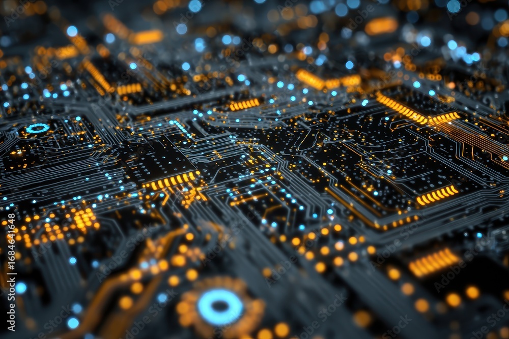 Poster abstract technology background showcasing a vibrant circuit board layout with illuminated components