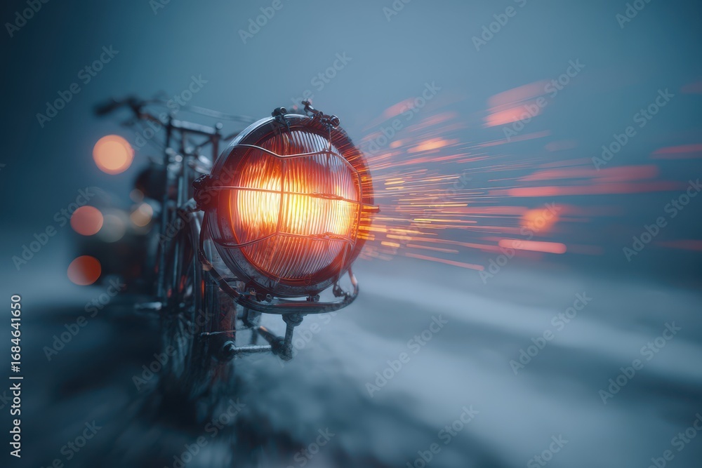Poster illuminated trails from a vintage bicycle lamp light up a foggy path at dusk, creating an abstract v