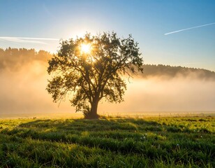 Obraz premium Solitary tree in misty sunrise field (1)