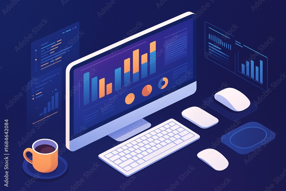 Poster data analysis and business intelligence isometric concept. computer workstation with financial dashb
