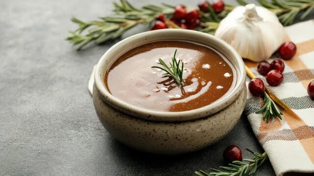 Bowl of gravy garnished with rosemary and surrounded by garlic cranberries