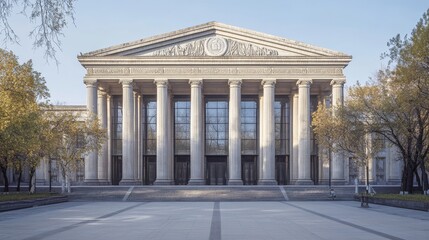 Obraz premium 2.Stately financial institution with a grand front, featuring massive fluted pillars supporting an intricately decorated entablature. The stone exterior is meticulously detailed, with carved reliefs