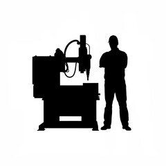 Silhouette of a worker with crossed arms standing near a cnc machine