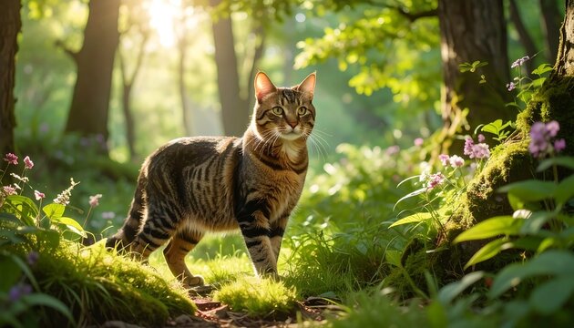 A tabby cat stands alert amidst a sunlit forest glade, surrounded by wildflowers and lush greenery.