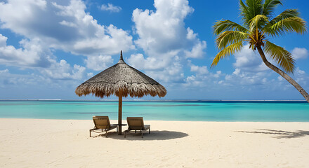 A serene tropical beach paradise with two empty loungers beneath a thatched umbrella and a palm tree swaying gently in the warm breeze under a bright blue sky with scattered clouds