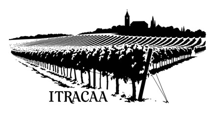 Fototapeta premium vineyard landscape illustration, black and white silhouette, rows of grapevines, idyllic rural scenery, winery, vineyard rows, wine region