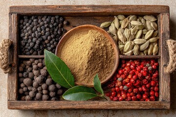 Wooden spice box with assorted spices