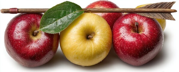 Red and yellow apples with a wooden arrow