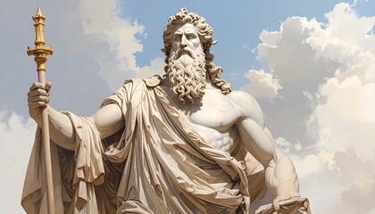A detailed close-up of a majestic ancient statue of a powerful sea god, showcasing intricate drapery and musculature against a backdrop of dramatic clouds.