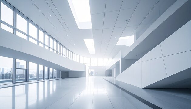 Interior of modern architectural space with minimalist design, large windows, polished reflective floor, skylights, and geometric white surfaces