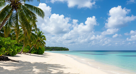Serene tropical beach paradise with white sand, palm trees, turquoise water, and clear blue sky with scattered clouds, perfect for vacation