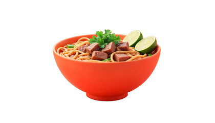 Beef Udon Noodle Bowl with Marinated Grilled Beef Cubes, Lime Wedges and Fresh Parsley in Orange Ceramic Bowl — High-Resolution Asian Fusion Noodle Food Photography Isolated on white Background