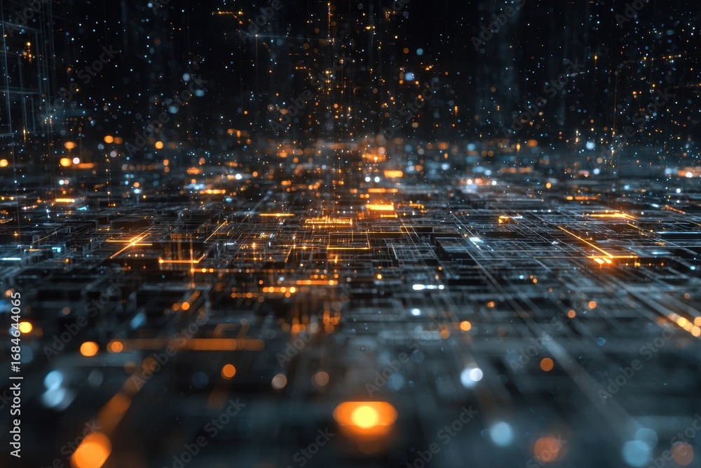 Poster exploring a virtual digital universe filled with bright lights and intricate patterns at the interse