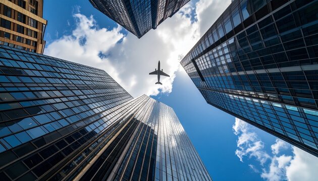 Upward cityscape view with modern skyscrapers and airplane flying overhead, dynamic perspective under partly cloudy sky - Powered by Adobe