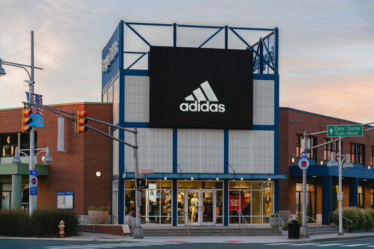 Atlantic City, NJ - Aug 26, 2025: Close-up view of Adidas AG, is a German multinational corporation and one of the world's leading sportswear manufacturers founded by Adolf "Adi" Dassler in 1949