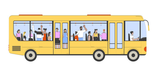 Crowded yellow bus with passengers and driver doodle cartoon illustration. Urban commuting. Diverse faceless commuters 2D flat characters isolated on white. Doodleart hand-drawn drawing colorful © IMGvisualsCharacters