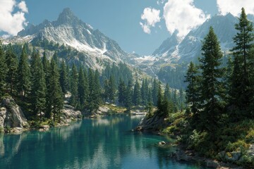 Majestic mountain lake surrounded by lush green forests and towering peaks on a sunny day with clear blue skies and scattered clouds